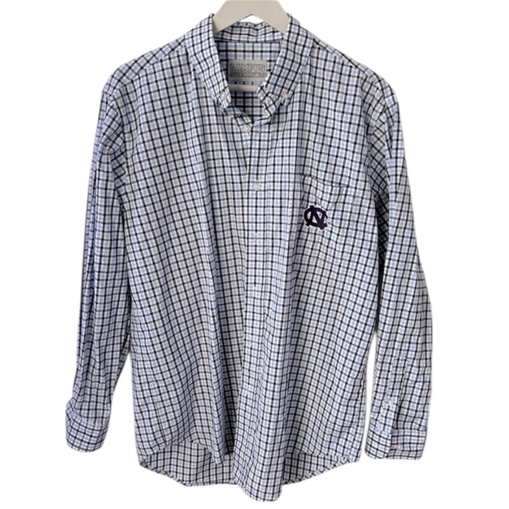 Campus Specialties UNC Tar Heel Men Blue Checkered Shirt Embroidered logo Sz M